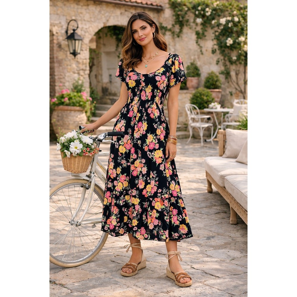 Blair Women's 2XL Lush Garden Rayon Dress Black Pink Floral Smocked Cottagecore